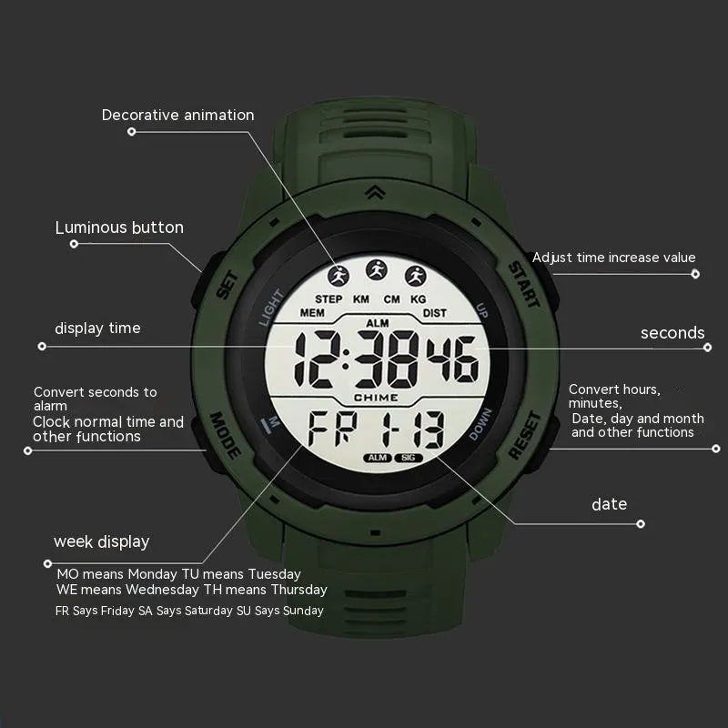 Men's Korean-style simple multi-functional electronic watch with green silicone strap and 50mm dial