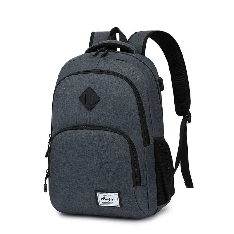 Grey USB charging backpack with trolley sleeve showing water-resistant nylon fabric and charging interface