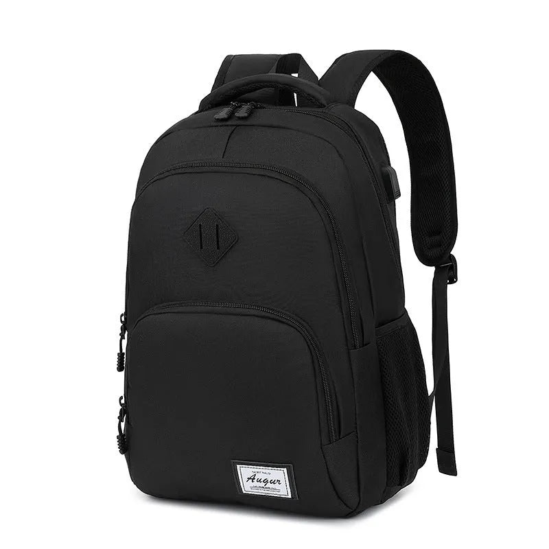 Grey USB charging backpack with trolley sleeve showing water-resistant nylon fabric and charging interface