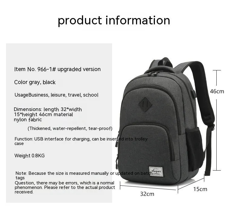 Grey USB charging backpack with trolley sleeve showing water-resistant nylon fabric and charging interface