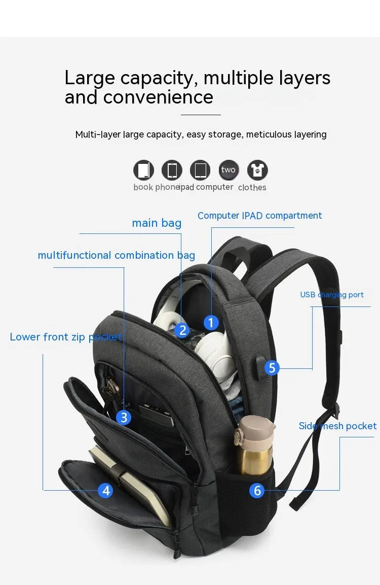 Grey USB charging backpack with trolley sleeve showing water-resistant nylon fabric and charging interface