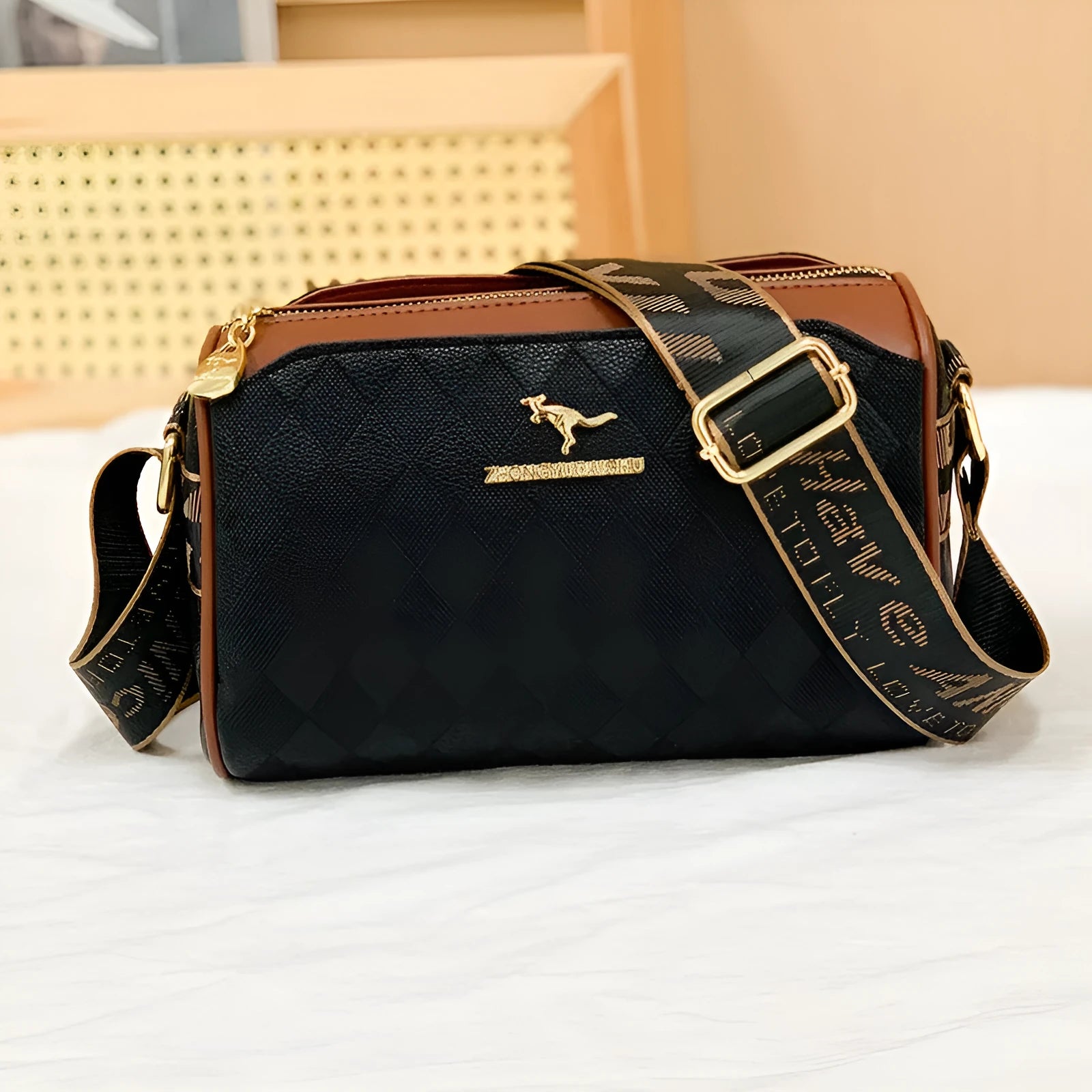 Soft PU leather messenger bag with sewing thread detail, 23x14x11cm, available in black and white