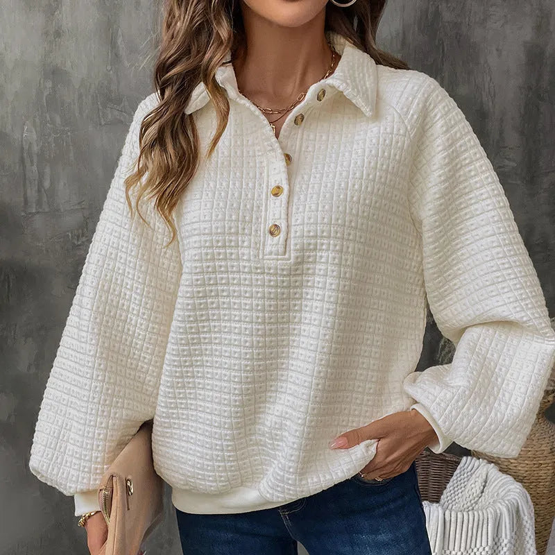 Women's milky white polo collar polyester sweater with long sleeves