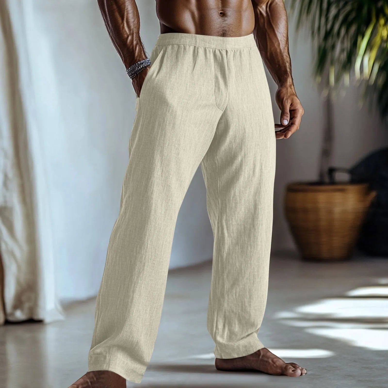 Straight-leg casual trousers in cotton and linen fabric on a hanger.