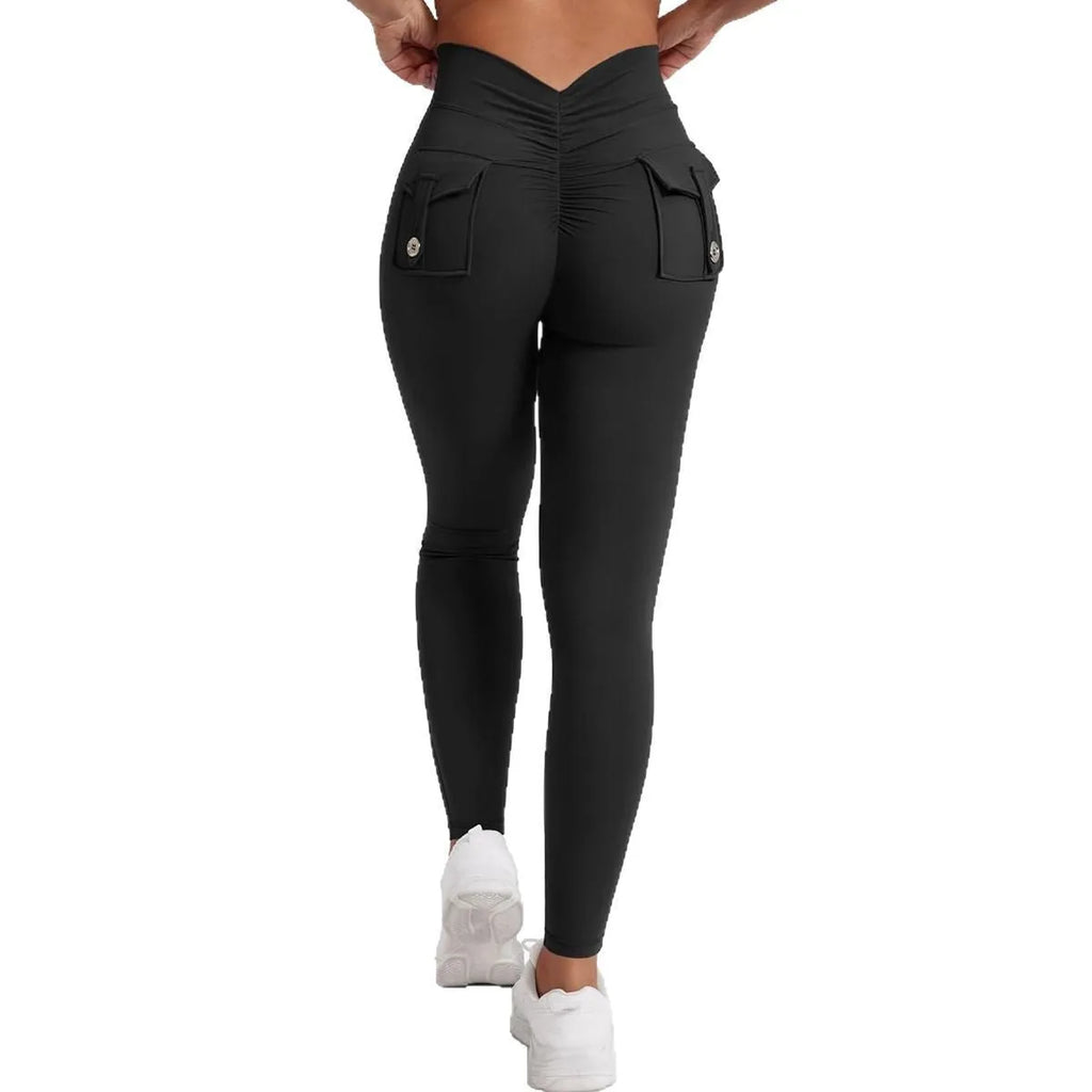 Peach hip super stretch yoga pants with pockets for women, black, 80% polyester 20% spandex