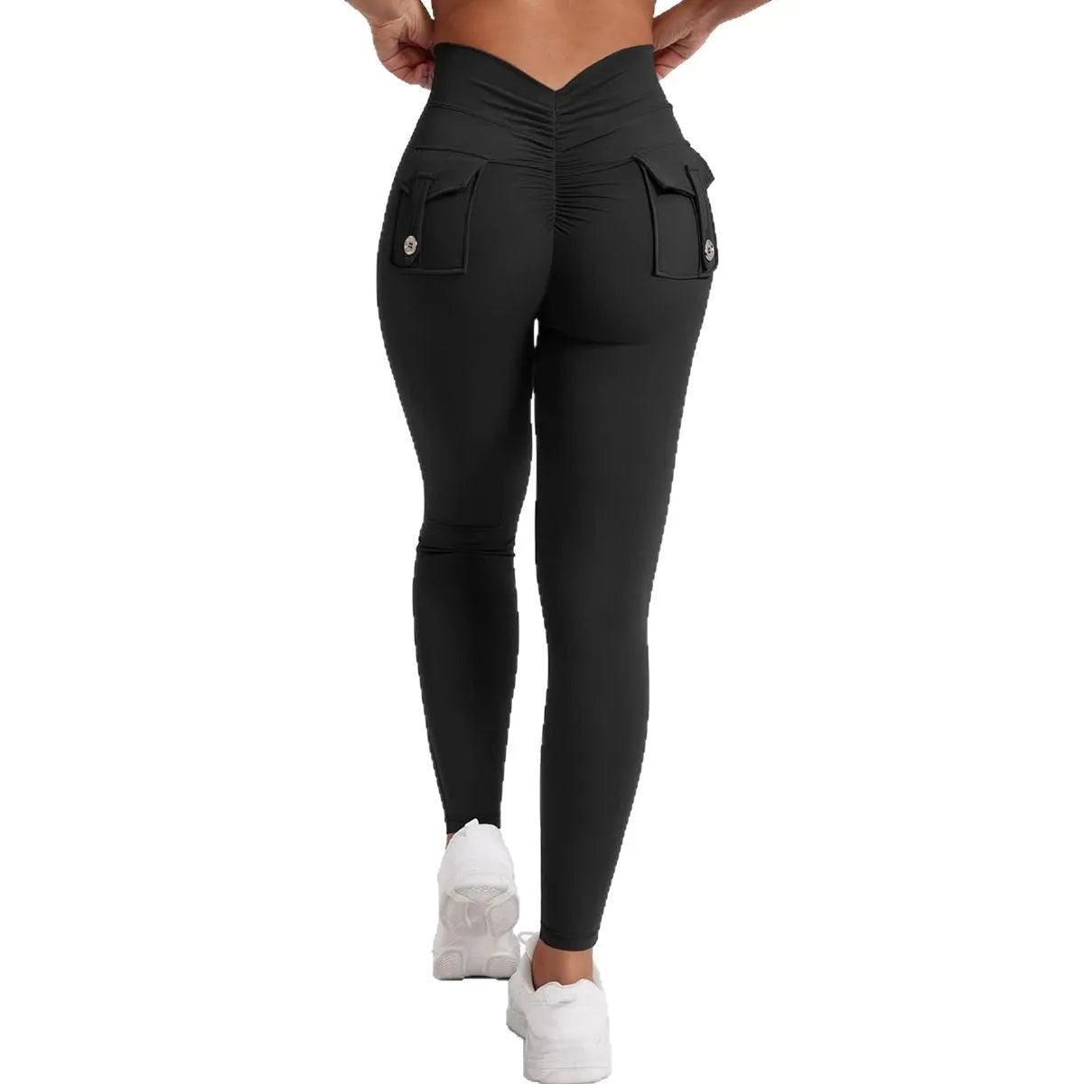 Peach hip super stretch yoga pants with pockets for women, black, 80% polyester 20% spandex