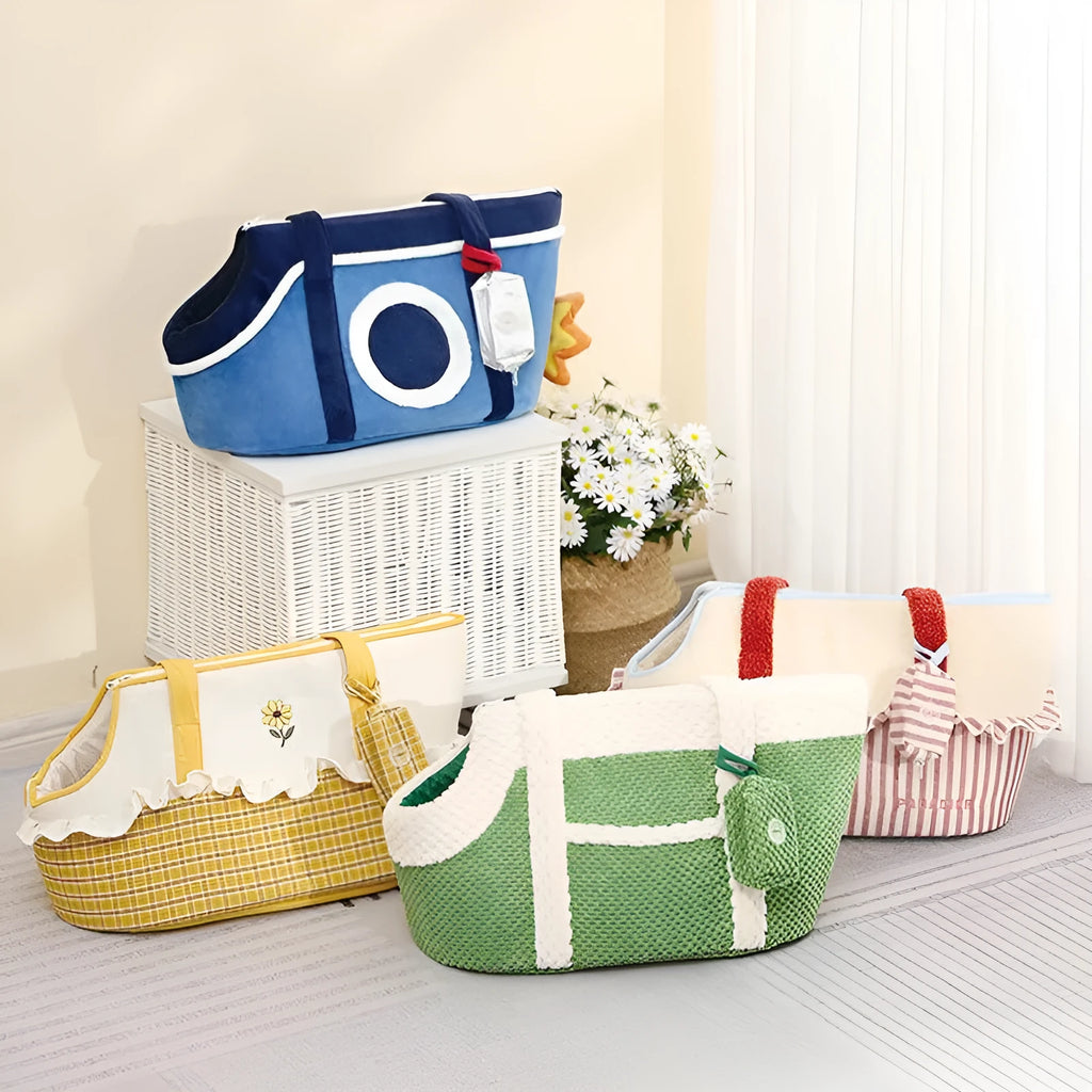 Shoulder cat bag with short plush lining in green, red stripes, or yellow colour options for small pet transport