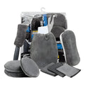 9-piece grey microfiber car wash cleaning set with gloves, sponge, tyre brush, wipes and towels