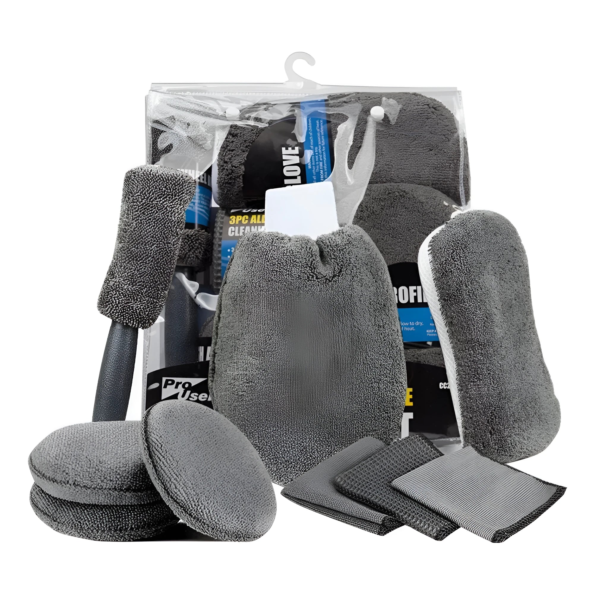 9-piece grey microfiber car wash cleaning set with gloves, sponge, tyre brush, wipes and towels