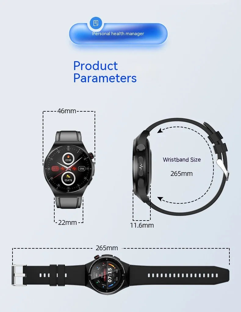 Black smart watch with TFT touch screen, health monitoring functions and choice of silicone, leather or metal steel strap