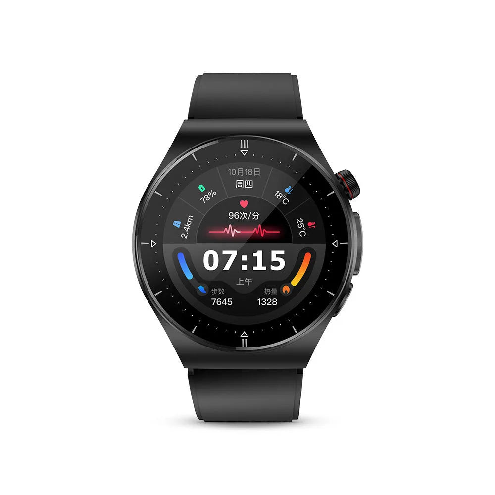 Black smart watch with TFT touch screen, health monitoring functions and choice of silicone, leather or metal steel strap