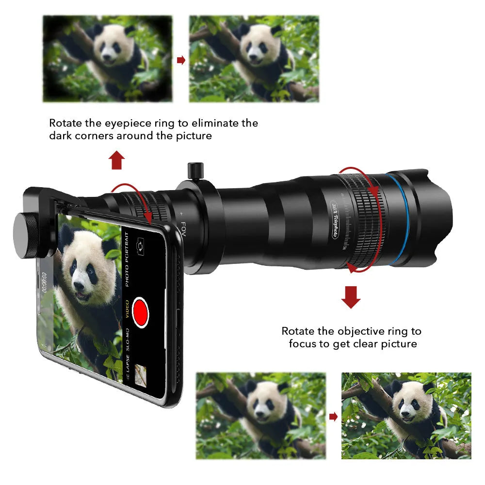 High power portable outdoor glasses with 36x optical zoom monocular and miniature tripod in black