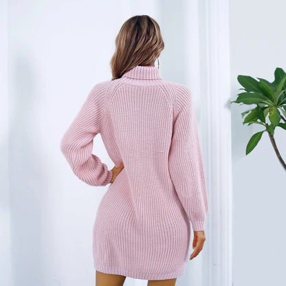 Stylish winter turtleneck sweater dress with button accents, available in white, pink, and army green colors