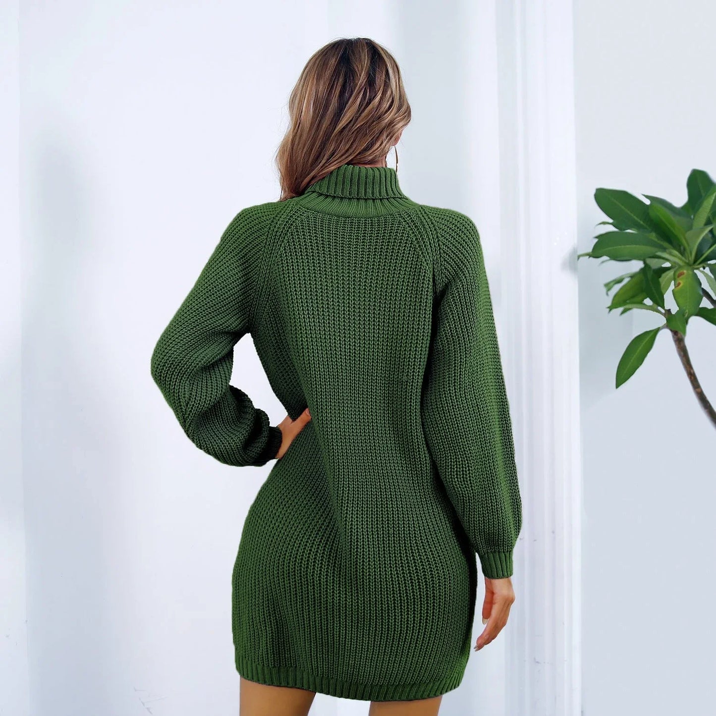 Stylish winter turtleneck sweater dress with button accents, available in white, pink, and army green colors