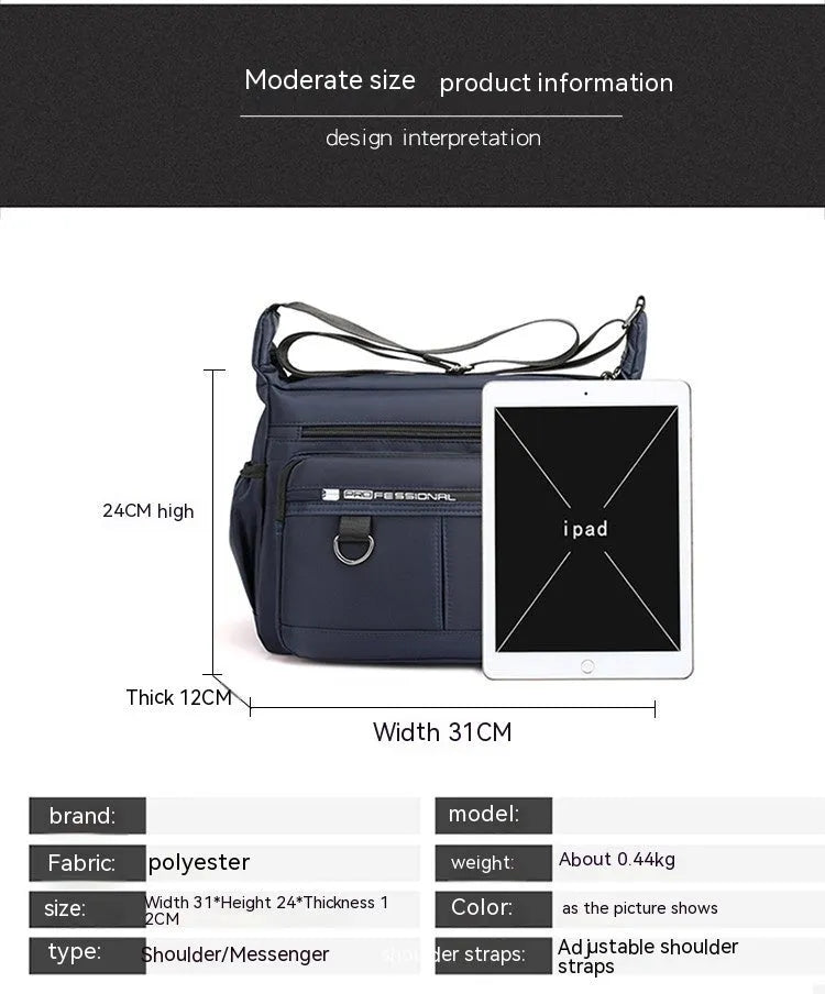 Men's multi-pocket crossbody bag in Oxford cloth, solid colour, large capacity, urban simplicity style