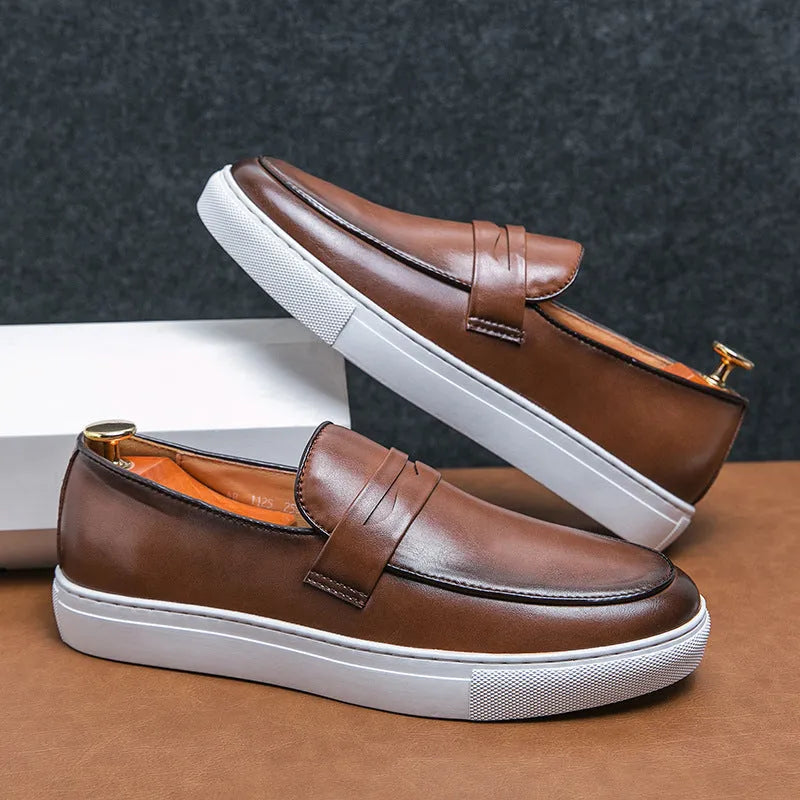 Plus size men's board shoes in black with round toe, flat heel, and artificial PU upper