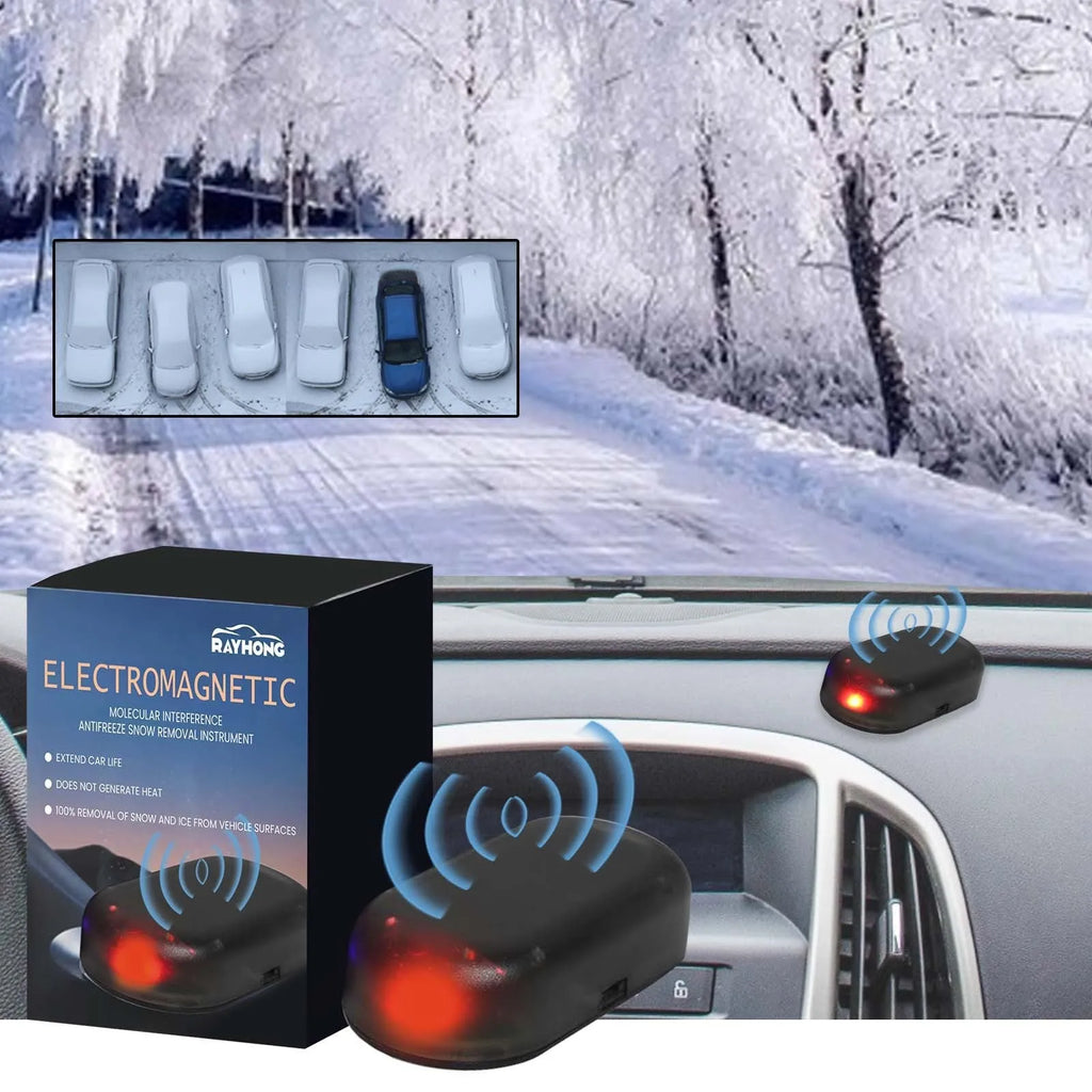 Black car de-icer tool for windscreen snow removal, showing compact 5cm length with special glass heating element.