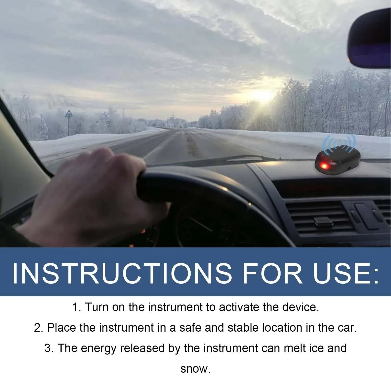 Black car de-icer tool for windscreen snow removal, showing compact 5cm length with special glass heating element.