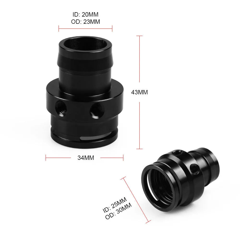 Black nylon and titanium-colour plastic vacuum tee adapter for second-generation car engines.