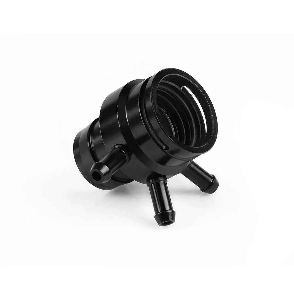 Black nylon and titanium-colour plastic vacuum tee adapter for second-generation car engines.