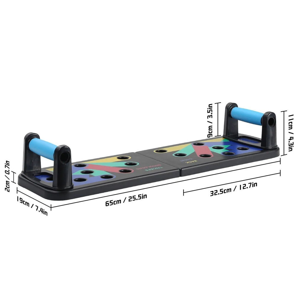 Multifunctional push-up fitness board bracket aid in ABS plastic, folded 33 x 19.5cm and opened 66 x 19.5cm.