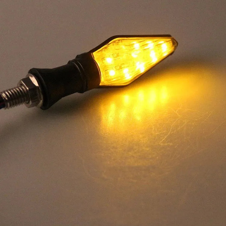 Motorcycle plastic LED turn signal indicator with double-sided luminous design in yellow and blue light options