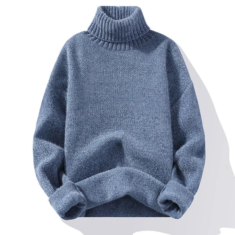 Men's slim-fit thickened polyester pullover sweater in solid colour, long sleeves, available in multiple sizes and colours