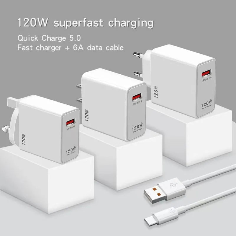 White 120W USB fast charger with US, EU, and UK plug adapters and a data cable.