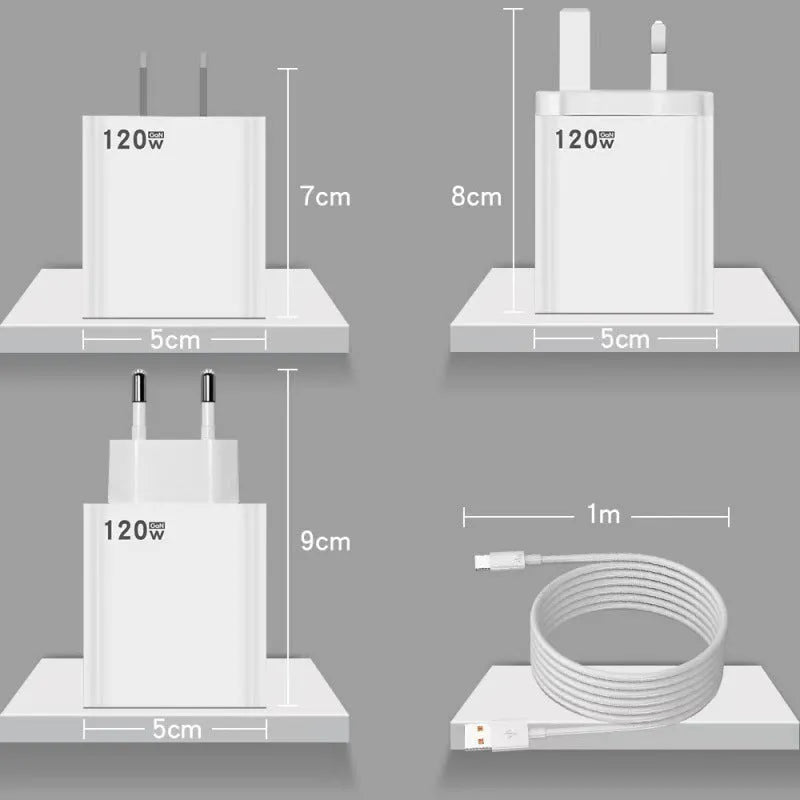 White 120W USB fast charger with US, EU, and UK plug adapters and a data cable.