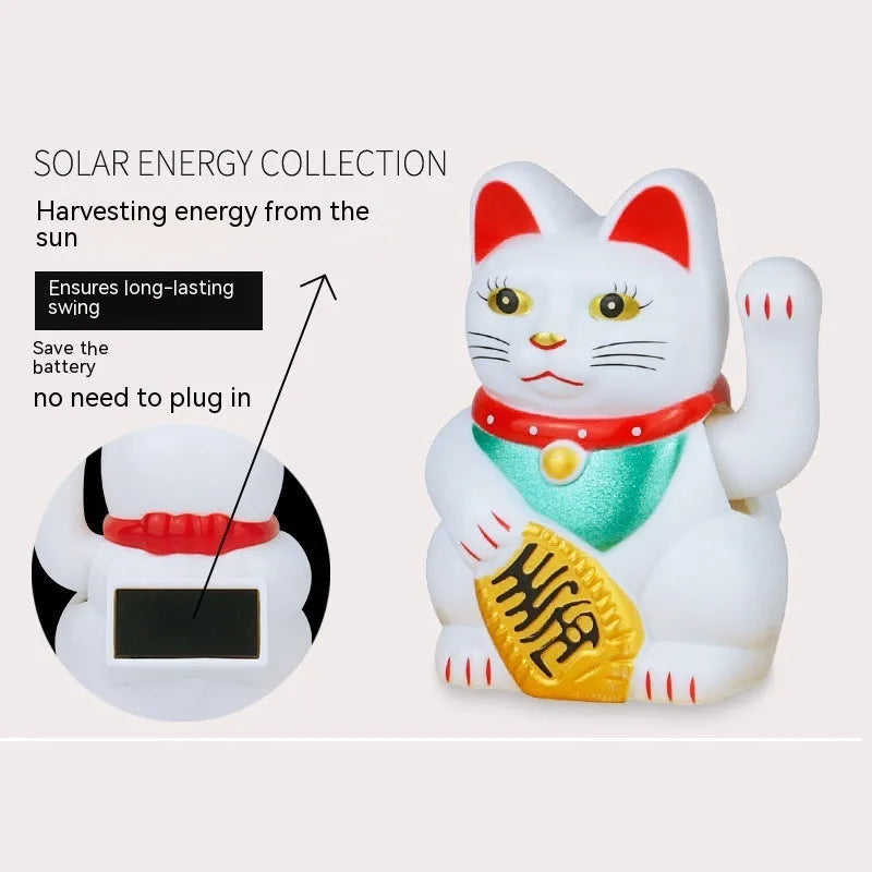 Solar powered Maneki Neko waving cat car dashboard ornament in yellow colour