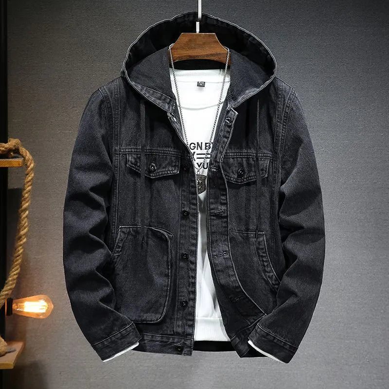 Men's slim-fit hooded denim jacket in light blue with cotton lining
