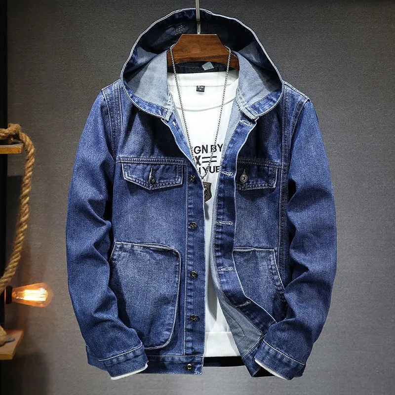 Men's slim-fit hooded denim jacket in light blue with cotton lining