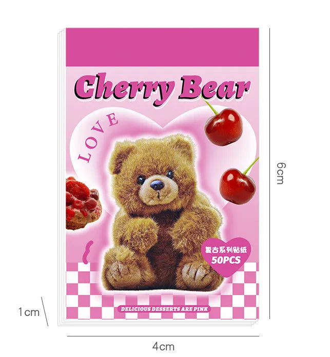 American retro cartoon style sticker book open to show 4x6cm sheets in six colours: black, pink, blue, green, purple, and yellow.