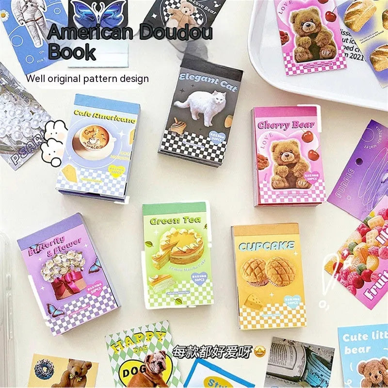American retro cartoon style sticker book open to show 4x6cm sheets in six colours: black, pink, blue, green, purple, and yellow.