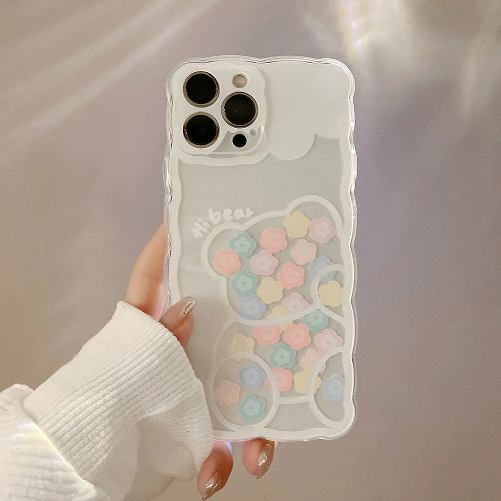 Wave edge transparent TPU silicone phone case with blueberry flower design for Apple iPhone
