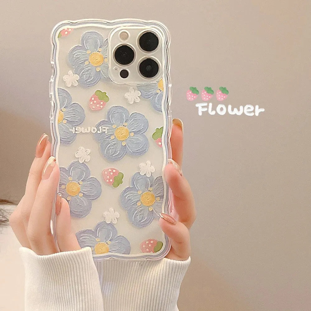 Wave edge transparent TPU silicone phone case with blueberry flower design for Apple iPhone