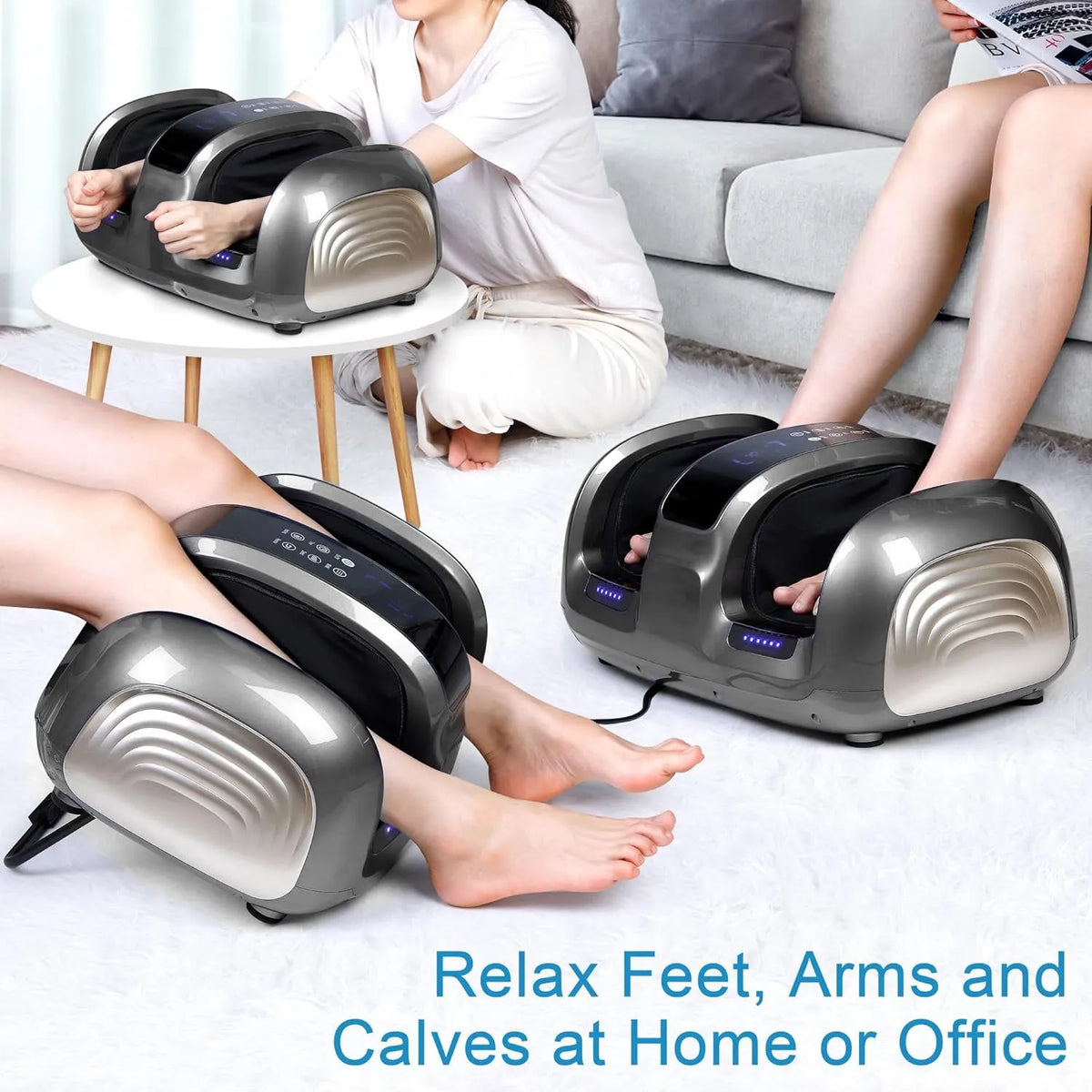 Black 3D foot and calf massager with heat, remote control, and removable washable cloth cover