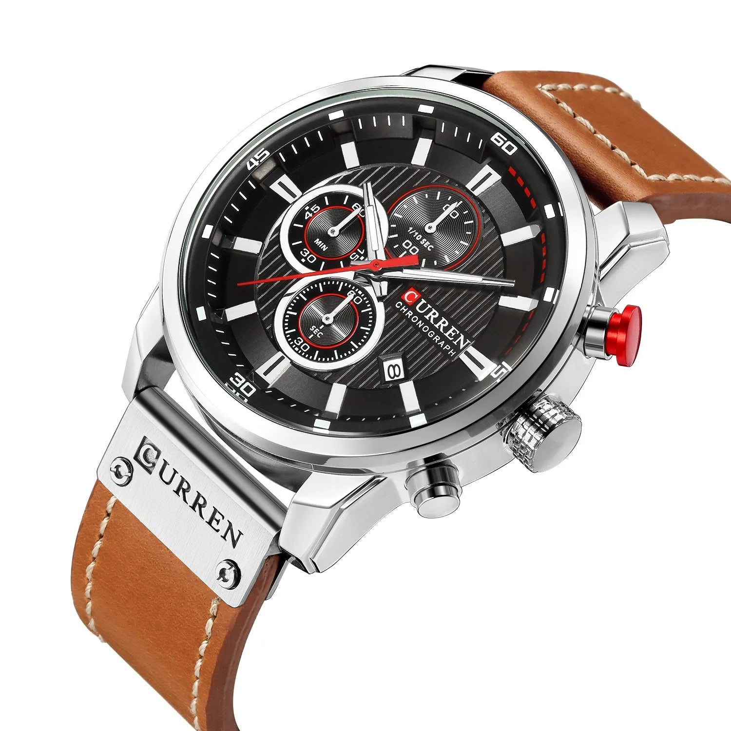 Men's quartz chronograph watch with black dial, leather strap, and titanium pin buckle 47mm waterproof