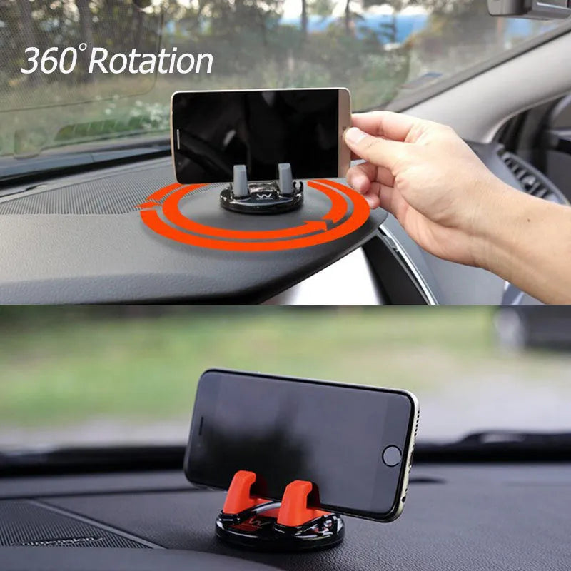 Mini dashboard car phone holder in black with 360-degree rotation, PC and silicone build, universal phone stand.