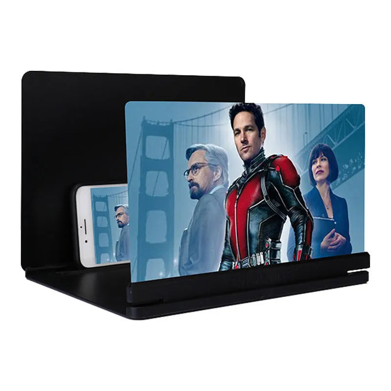 Phone screen magnifier with HD lens and ABS stand in black, white, or blue