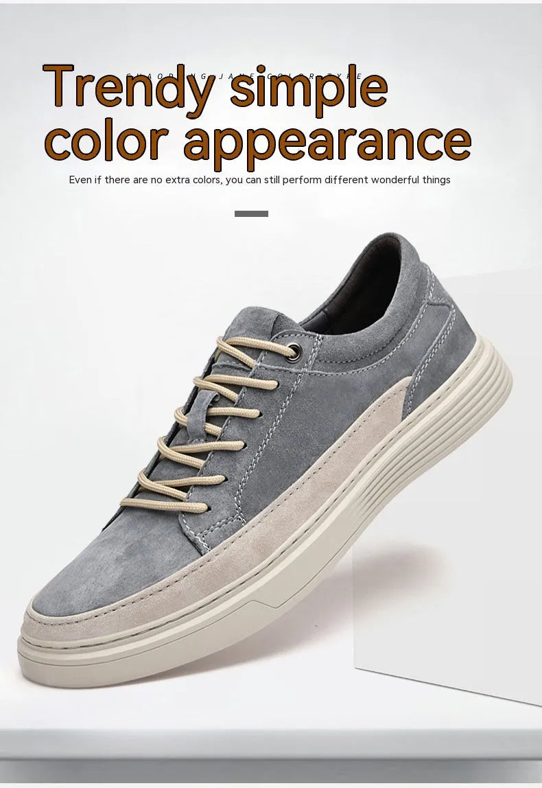 Men's grey casual leather sports shoes with rubber sole and lace-up front