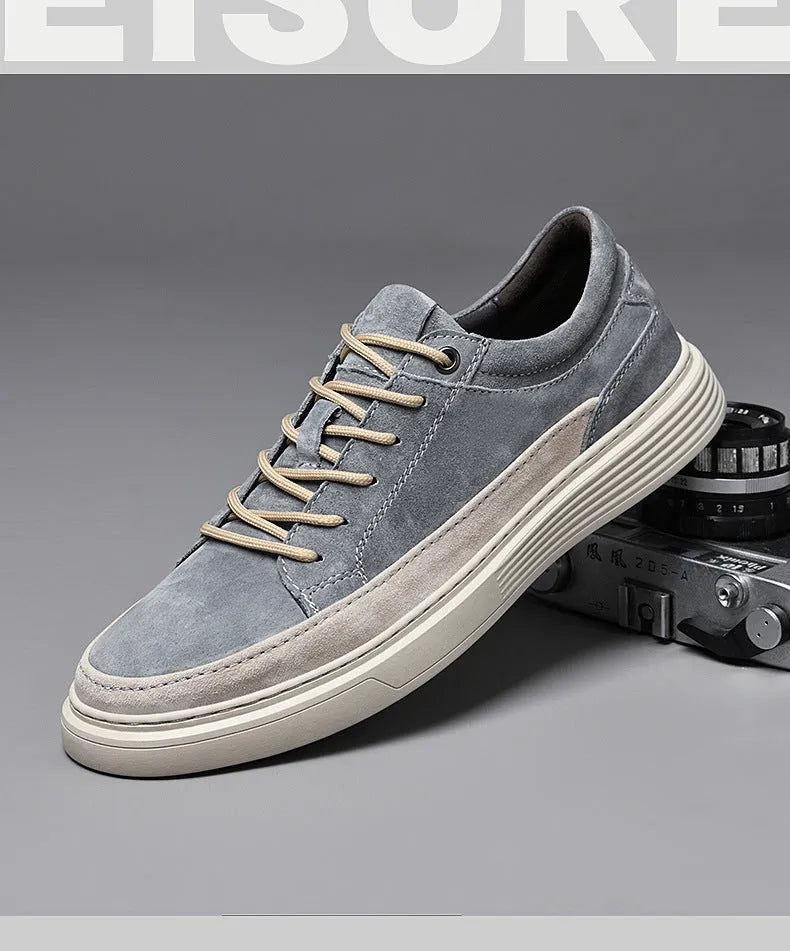 Men's grey casual leather sports shoes with rubber sole and lace-up front