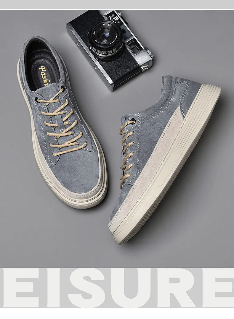 Men's grey casual leather sports shoes with rubber sole and lace-up front