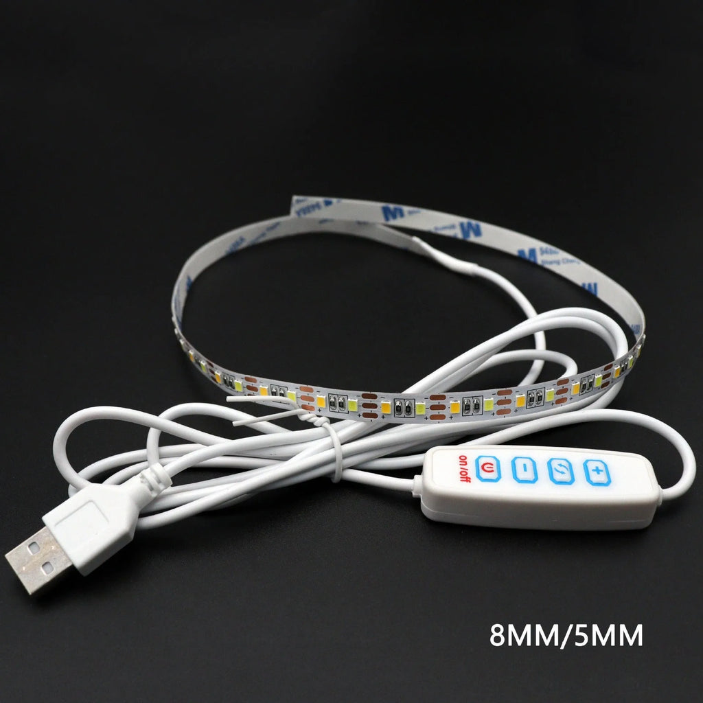 USB two-color dimmable LED light strip with 120 beads and button control, 5V input, 20cm length option