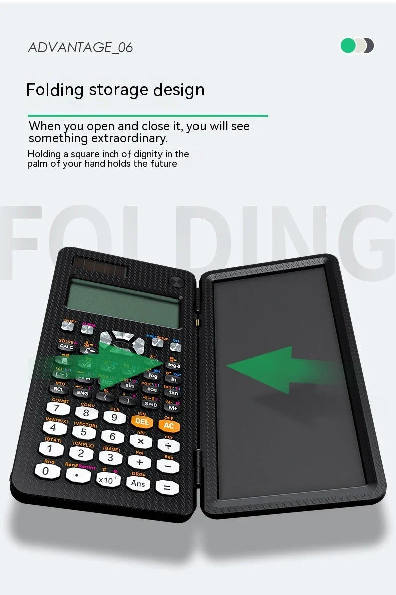 Versatile folding scientific calculator with integrated digital handwriting pad for seamless note-taking and calculations