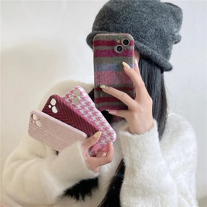 Pink houndstooth patterned TPU drop-resistant phone case for iPhone models