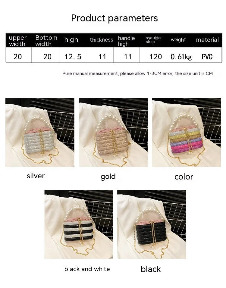 Women's round one-shoulder crossbody bag with pearl bead decoration in European retro style