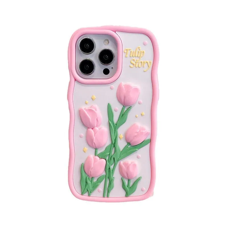 3D tulip silicone phone case with frosted finish and fall protection, in pink or colour matching for iPhone models
