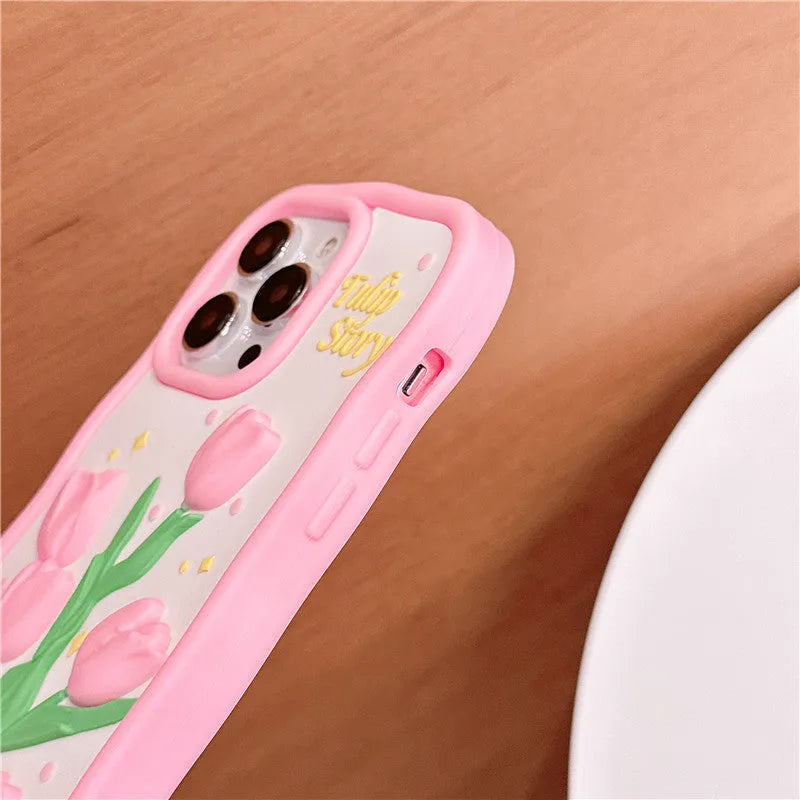3D tulip silicone phone case with frosted finish and fall protection, in pink or colour matching for iPhone models