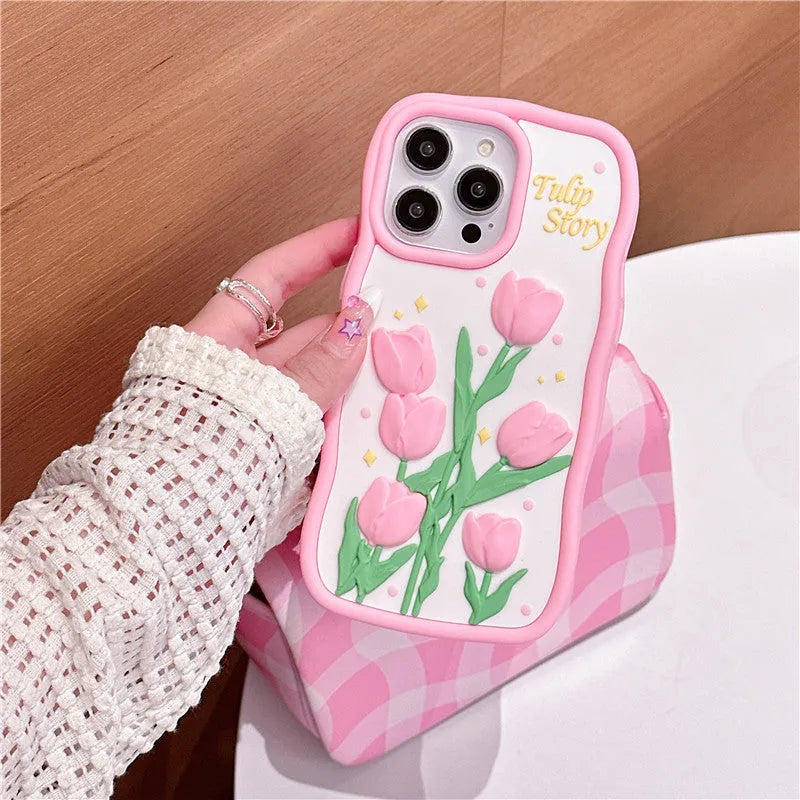 3D tulip silicone phone case with frosted finish and fall protection, in pink or colour matching for iPhone models